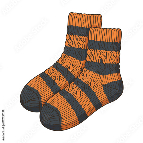 An illustration of orange and black striped socks viewed from the front