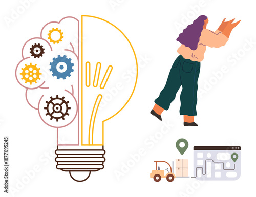 Innovation, logistics, delivery services, problem solving, creative thinking, fulfillment processes. Woman carrying a box, lightbulb with gears delivery map with vehicle. Innovation and logistics