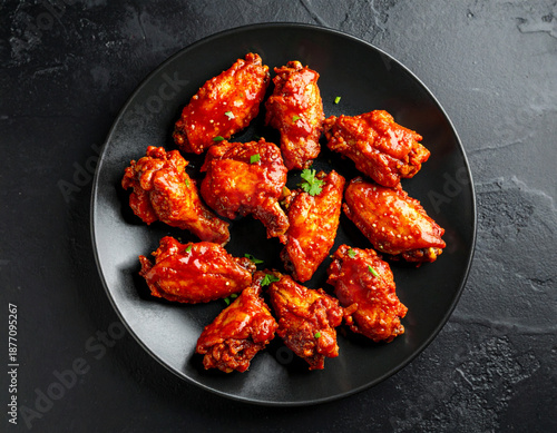 Minimal Top-Down Food Composition of Spicy Buffalo Wings on Black Ceramic Plate, Gourmet Style 