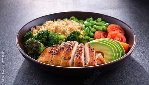 healthy grilled chicken meal bowl with quinoa and vegetables
