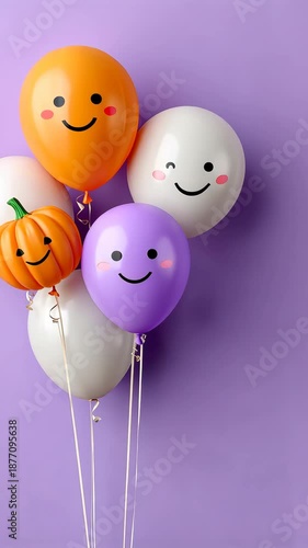 Colorful balloons with smiling faces and pumpkins against purple backdrop