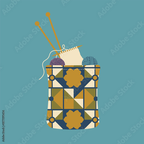 Minimalist illustration of knitting basket with yarn and needles on flat surface
