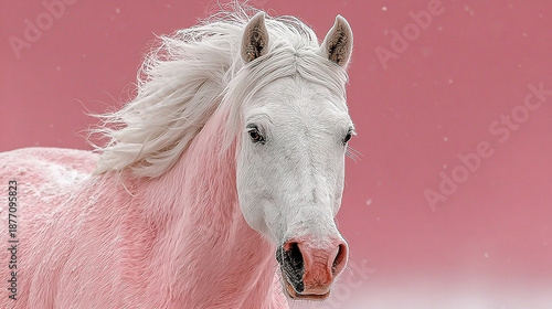 A white horse with a pink mane against a pink background.