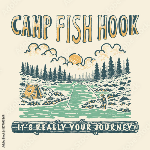 camping illustration fishing graphic river design outdoor badge landscape vintage nature