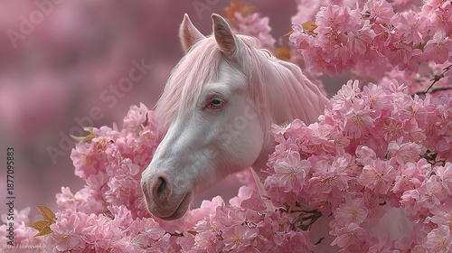 A white horse surrounded by pink cherry blossom flowers.