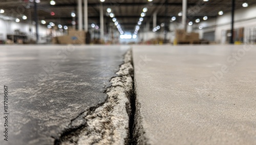 Cracked concrete floor in a large industrial warehouse with boxes and lights in the background.