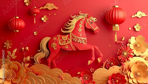Wallpaper Mural Celebrate the Lunar New Year with the powerful and energetic Horse zodiac sign. Traditional paper-cut art in vibrant red and gold, adorned with flowers, lanterns, and classic Asian elements. Torontodigital.ca