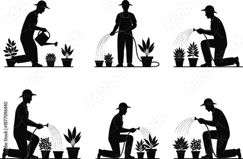 Gardening silhouette vector, person watering plants, potted plant care, garden hose illustration, black figure gardener, outdoor plant maintenance icon