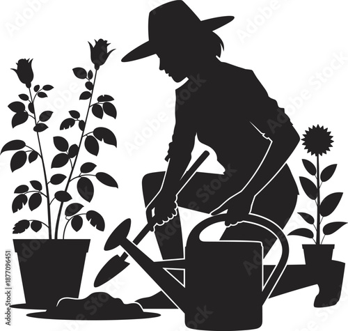 Gardening silhouette vector, person planting flowers, outdoor garden activity, nature care, sustainable lifestyle, peaceful hobby, black and white illustration, eco-friendly art