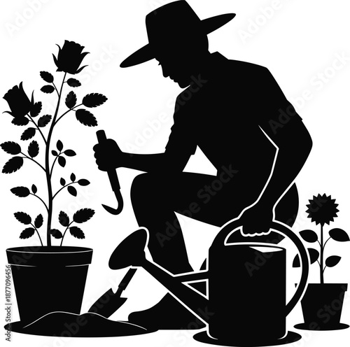 Gardening silhouette vector, person with hat watering plants, hand rake, potted flowers, outdoor hobby, black illustration, horticulture tools, nature care