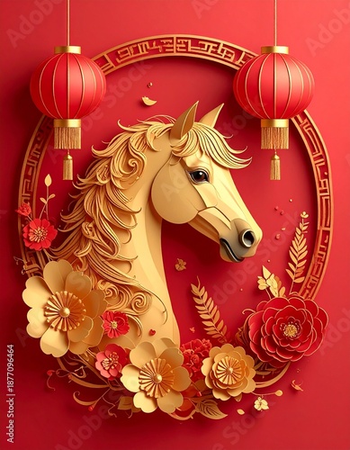 Celebrate the Lunar New Year with the powerful and energetic Horse zodiac sign. Traditional paper-cut art in vibrant red and gold, adorned with flowers, lanterns, and classic Asian elements.