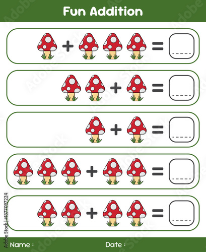 Game for children addition by counting mushrooms. Educational mathematical game. Addition game for children. Kids activity sheet. Template for addition