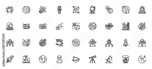 Space and Cosmic icon set. Vector illustration with stars, planets, UFO, rocket, astronaut, telescope, satellite, meteor and more. Editable stroke.