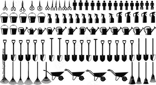 Garden tools and equipment silhouettes set, watering cans, shovels, rakes, buckets, sprayers icons, black vector illustration for gardening, landscaping, farming, outdoor work design