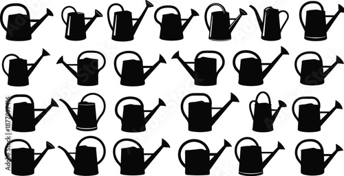 Garden watering can silhouettes collection, black vector illustration set of gardening tools, assorted watering cans icons isolated on white background