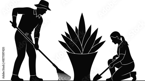 Garden work silhouettes vector illustration, man raking and woman planting, outdoor gardening teamwork scene, black and white nature activity design isolated