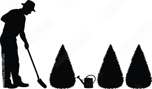 Gardener silhouette vector illustration, man planting trees with shovel and watering can, landscaping gardening work concept, nature outdoor spring design