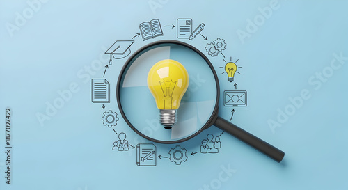 Bright idea visualized through magnifying glass surrounded by symbols of innovation and creative process steps clearly.
