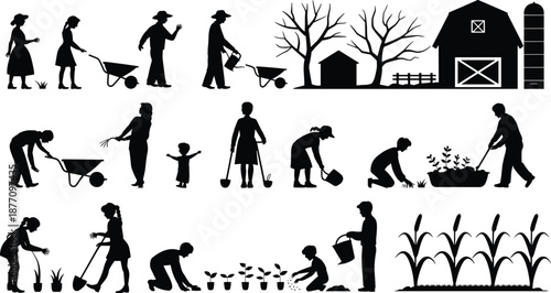 Gardening and farming silhouette vector illustration, people planting trees, watering plants, working in the garden, agricultural lifestyle, nature care and rural field work