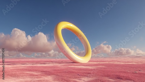 Giant golden ring on pink field under a cloudy blue sky, surreal and abstract