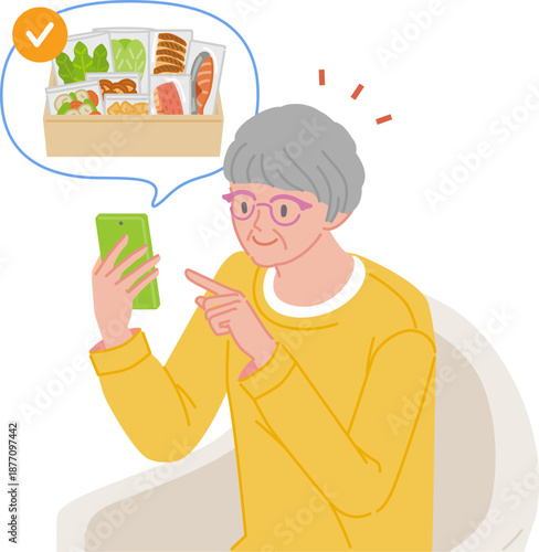 Senior woman checking a meal kit delivery service and calling on her smartphone
