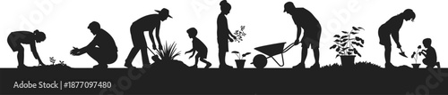 Gardening silhouette vector, family planting trees, community garden teamwork, nature care, outdoor activity, eco-friendly lifestyle, intergenerational gardening, black illustration art
