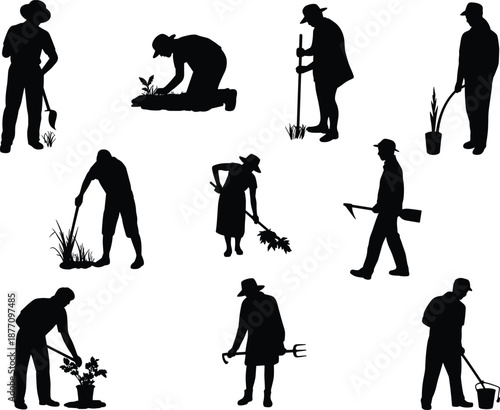 Gardening people silhouettes, farmers working in garden, men and women planting flowers, agriculture workers with tools, vector illustration design, outdoor 