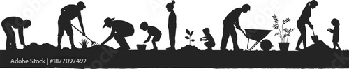 Gardening silhouette vector, family planting scene, environmental care illustration, black figure artwork, nature nurturing design, outdoor activity concept, garden teamwork pose