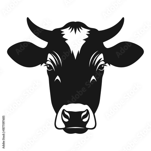 Black and white cow head silhouette logo in bold minimalist vector style, strong symmetrical animal icon isolated on a clean white background.
