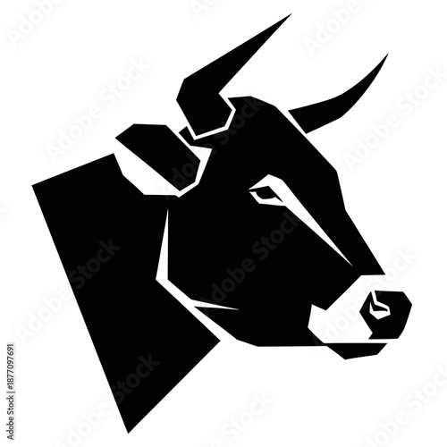 Black and white cow head silhouette logo in bold minimalist vector style, strong symmetrical animal icon isolated on a clean white background.