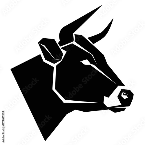 Black and white cow head silhouette logo in bold minimalist vector style, strong symmetrical animal icon isolated on a clean white background.