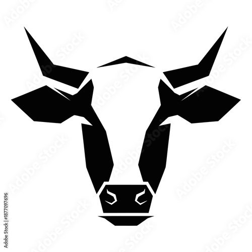 Black and white cow head silhouette logo in bold minimalist vector style, strong symmetrical animal icon isolated on a clean white background.