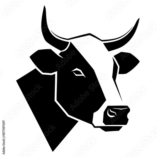 Black and white cow head silhouette logo in bold minimalist vector style, strong symmetrical animal icon isolated on a clean white background.