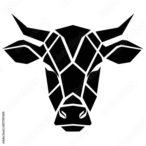 Black and white cow head silhouette logo in bold minimalist vector style, strong symmetrical animal icon isolated on a clean white background.
