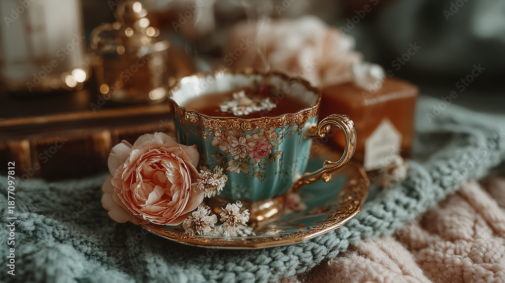 custom made wallpaper toronto digitalA decorative teacup with a pink rose on a textured surface.