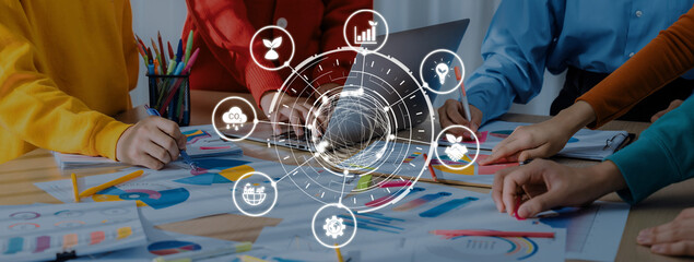 ESG icons show environmental impact, social responsibility, and corporate governance. ESG drives sustainability, ESG investment, ESG reporting, and business growth. Entice