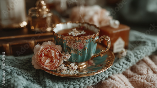 Wallpaper Mural A decorative teacup with a pink rose on a textured surface. Torontodigital.ca