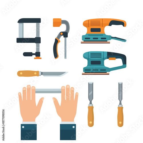 Carpentry tools set with hand saw and sanders.