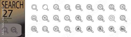 Search line editable icon set. Editable stroke. Vector illustration.