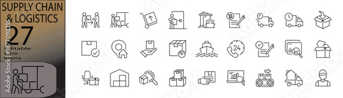 Supply chain & logistics line editable icon set. Editable stroke. Vector illustration.