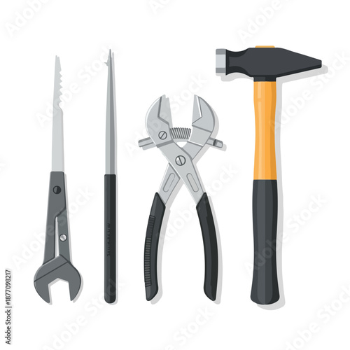 set of tools hammer pliers screwdriver punch.