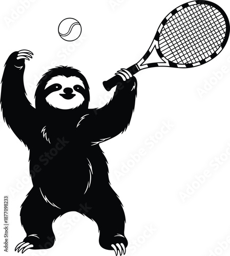 Funny Sloth Tennis Player Silhouette Mascot Holding Racket and Hitting Ball Cute Animal Vector Illustration for Sports, Kids, and Humorous Design Projects