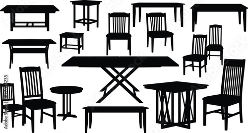 Furniture collection illustration with tables and chairs silhouettes, home interior and household equipment concept, black and white vector design for decor, lifestyle, and furnishing themes