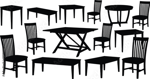 Furniture silhouettes collection of tables and chairs, dining and interior elements, black and white vector illustration set for home decor, interior design concepts
