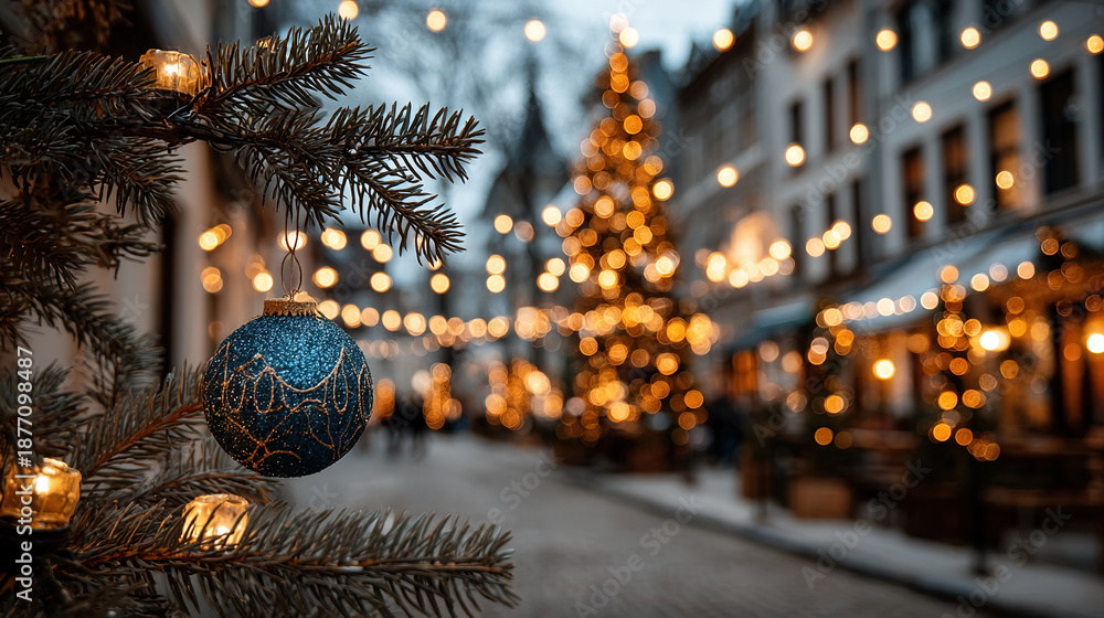custom made wallpaper toronto digitalDecorated Christmas tree with lights on a festive street during holiday season.