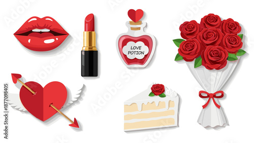 A set of Valentine's Day icons including lips, lipstick, perfume, roses, cake, and heart symbols