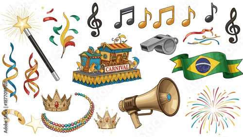 A vibrant illustration of various carnival celebration elements on a