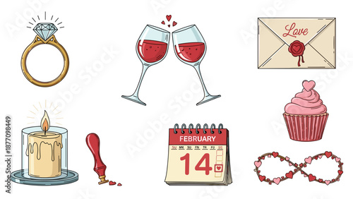 A romantic Valentine's Day illustration with symbols of love and celebration