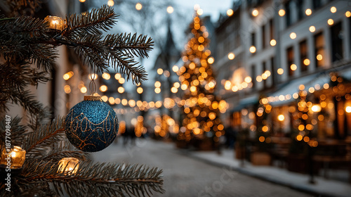 Wallpaper Mural Decorated Christmas tree with lights on a festive street during holiday season. Torontodigital.ca