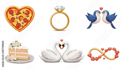 A set of romantic vector icons including a heart shaped pizza, diamond ring, love birds, cake, swans, and infinity symbol with hearts, perfect for wedding or Valentine's Day designs